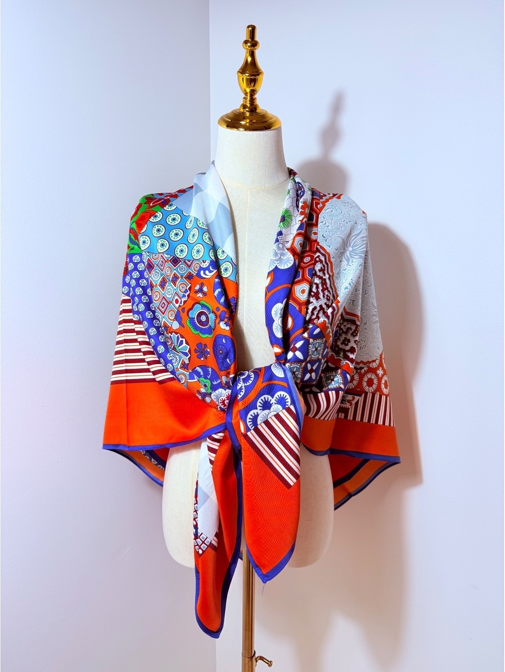 Large Vibrant Patchwork Polyester Scarf Shawl in Orange, Blue, Green